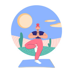 Illustration where beautiful young girls do yoga and fitness. She takes a pose for relaxation and meditation. Stay home illustration in cartoon style.