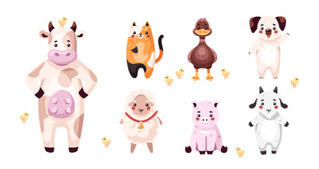 Farm animals set isolated. Funny cartoon characters for kids. Cow, cat, dog, goat, pig, sheep, duck, duckling, chick. Vector illustration. Flat eps10. Domestic animals, pets.