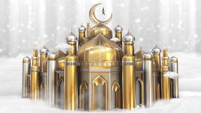 This stock motion graphics 4k video shows the Islamic mosque in heaven on Ramadan festival.