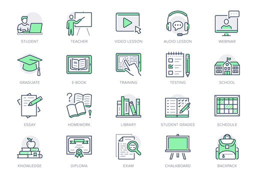 Online education line icons. Vector illustration included icon as internet, video, audio personal study outline pictogram for school, colledge, university trainig. Green color, Editable Stroke
