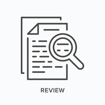 Review line icon. Vector outline illustration of paper and magnifier. Audit analysis pictorgam