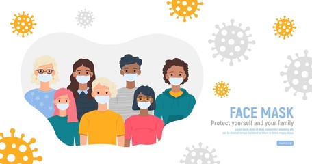 Fototapeta premium Children with medical masks on faces to protect their against coronavirus covid-19, 2019-nCov isolated on white background. Kids virus protection concept. Stay safe. Vector illustration