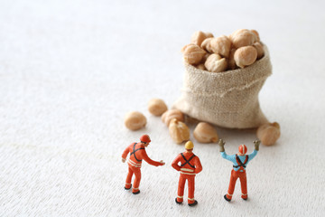 食糧危機とお金と人間のミニチュア人形を使ったジオラマ