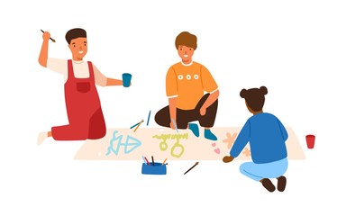Group of colorful boys and girl painting picture on paper use colorful pencil and paint vector flat illustration. Happy kids drawing create pictures together isolated on white background