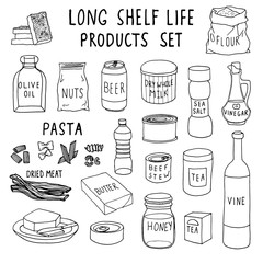 Set of hand-drawn contour drawings of food for long-term storage. Collection / list of products that can be stored during self-isolation (quarantine)