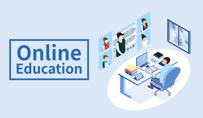 Student character studying and thinking sitting at desk with video conference, Outside window is virus cells, Isometric COVID-19 vector.
