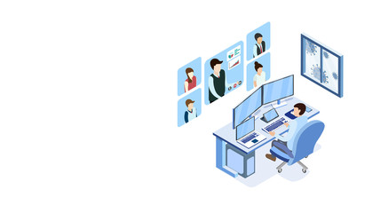 Man working with pc at his work desk with video conference, Working from home, Outside window is virus cells, programmer, business analysis, designer, freelancer, Isometric COVID-19 vector.
