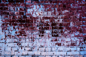 Empty Old Brick Wall Texture. Painted Distressed Wall Surface. Grungy Wide Brickwall. Grunge Red Stonewall Background. Shabby Building Facade With Damaged Plaster. Abstract Web Banner. Copy Space.