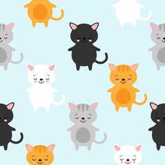 Obraz na płótnie Canvas Funny cartoon cute red, orange, gray, white, black cats. Seamless pattern Kawaii illustration for children.