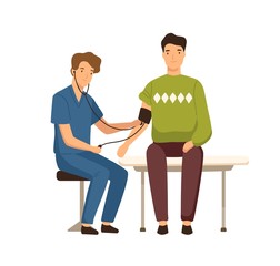 Obraz premium Cartoon guy visited doctor to measure blood pressure vector flat illustration