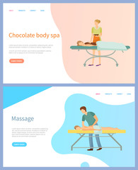 Chocolate body spa and massage vector, beauty procedure. Woman and man on table and masseur or beautician, skincare and healthcare online appointment order