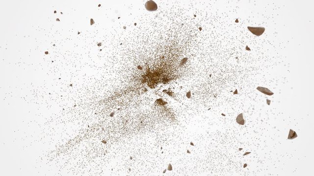 Abstract realistic 3D coffee bean explosion with coffee dust with alpha matte. 4K render animation footage. Slow motion.