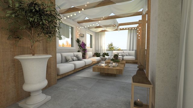 TERRAZA PORCHE CON TOLDO . PROYECTO RENDER 3D 