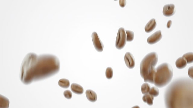 Abstract realistic 3D coffee beans explosion in slow motion. Many coffee beans flying up and falling down. 3D animation footage. Alpha matte.