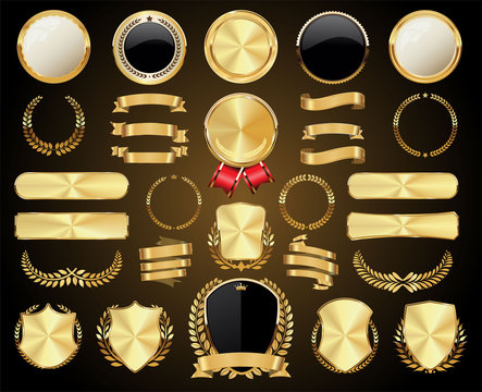 Collection of Golden badges labels laurels shield and metal plates