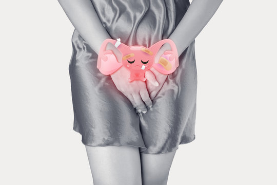 Cartoon illustration of bad uterus is on the woman's body, Stomach Ache, isolated on white background, Female anatomy concept