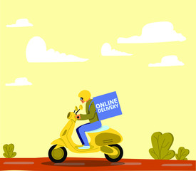 Online Delivery service concept.Fast and free delivery by scooter tracking. Vector cartoon illustration. Food service. Shop online. E-Commerce website