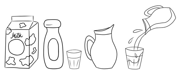 Set of dairy products in outline isolated on white. Simple vector illustration in cartoon doodle style. Carton packet of milk, kefir, yoghurt bottle, pitcher, process of pouring glass with water