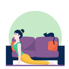 Yoga home concept. Yong woman doing yoga asana dog face up or cobra at home near sofa with sleep cat. Cute  illustration in flat style.