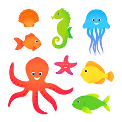 Sea animals cartoon vector set, cute underwater animals collection stickers for children