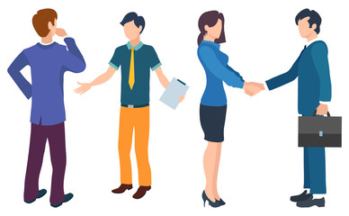 Fototapeta premium Business worker characters flat style vector, isolated partners boss and assistant. Man and woman handshake of businessman with case and businesslady