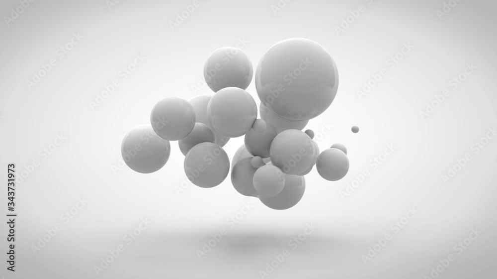 Poster 3d animation of a cube that splits into several cubes. cubes turn into spheres that are randomly dis