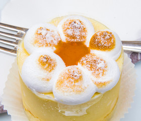 meringue mousse, peach cream and apricot jam