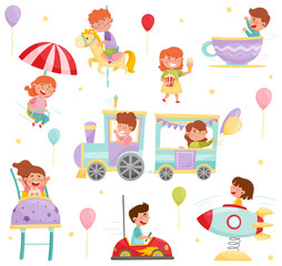 Happy Little Kids Riding on Carousel and Train Vector Set