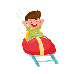 Little Boy Having Fairground Ride Raising His Hands Up and Laughing Vector Illustration