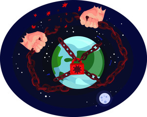 Vector illustration of planet earth chained by coronavirus