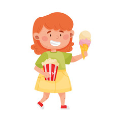 Fototapeta na wymiar Smiling Girl Walking and Ice Cream and Popcorn Vector Illustration
