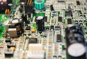 Closeup of electronic circuit board or PCB printed circuit board