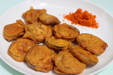 Brinjal Pakoda or Pakora, egg plant fritters, Indian food