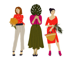 Beautiful women with flowers and leaves. International women's day. Flat style vector design set stock vectors.
