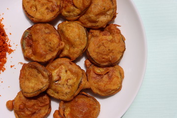 Brinjal Pakoda or Pakora, egg plant fritters, Indian food
