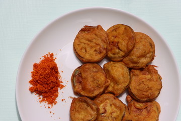 Brinjal Pakoda or Pakora, egg plant fritters, Indian food