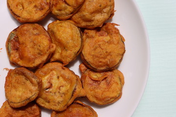 Brinjal Pakoda or Pakora, egg plant fritters, Indian food