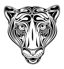 Black and white stylized image of a muzzle of a panther for tattoo and other.