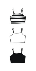 Hand Drawn Fashion Illustration Season Wear. Creative ink art work Summer Outfit Element. Actual vector drawing crop top. Black contour object on white background isolated