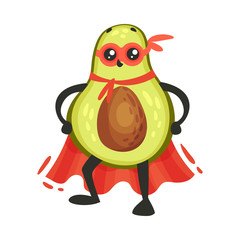 Funny Avocado Wearing Superhero Red Cloak and Mask Posing Vector Illustration
