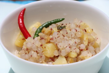 Sabudana khichdi, Indian dish made of tapioca pearls, potatoes, peanuts and herbs, popular as a fasting food