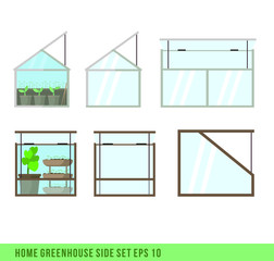 Home mini greenhouse for house and balcon. Side set of two types of glass green house.Flat vector illustration. Gardening and plant. Garden and seeds. Take care of green friends