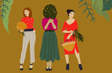 Beautiful women with flowers and leaves. International women's day. Flat style vector design set stock vectors.