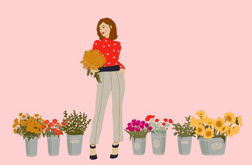 Beautiful woman with flowers. International women's day. Flat style vector design set stock vector. Illustration of set floral in buckets. Simple vector illustration.