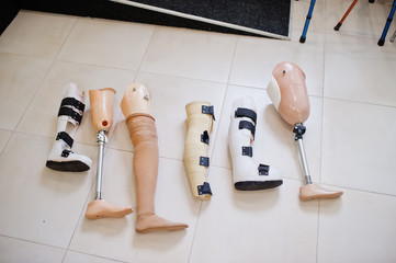 Six prosthetic leg at prosthetist clinic.