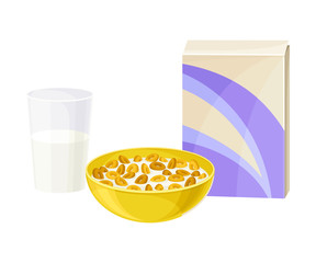 Bowl of Breakfast Cereal with Milk and Glass Rested Nearby Vector Illustration