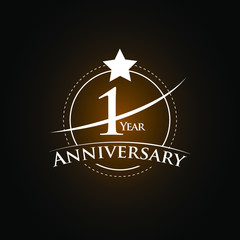 1 Years Anniversary Celebration Logotype. Golden Elegant Vector Illustration with Swoosh or Half Circle, Isolated on Black Background can be use for Celebration, Invitation, and Greeting card