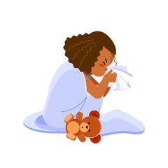 Little african american girl has flu, child sneezes into a handkerchief. Sick child girl sitting in bed with toy bear and blowing her nose, feel so bad with fever. Cartoon vector illustration