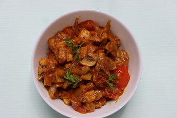 Chettinad mushroom masala, spicy dry curry of mushroom, Indian food