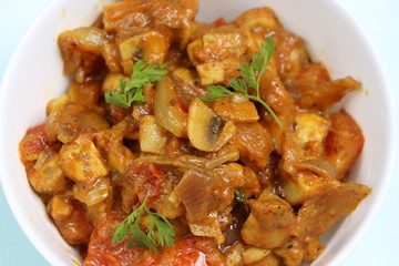 Chettinad mushroom masala, spicy dry curry of mushroom, Indian food